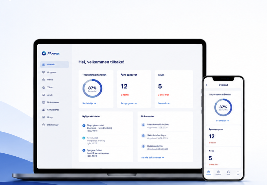 Flowgo vist på laptop og mobil – oversikt over tilsynsstatus, oppgaver og avvik