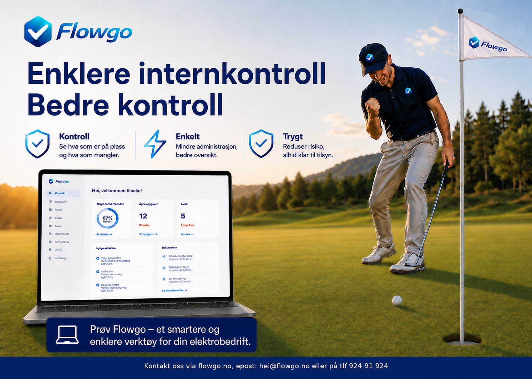Flowgo-flyer fra Elektrogolf: Enklere internkontroll, bedre kontroll – golfspiller på green og skjermbilde av Flowgo